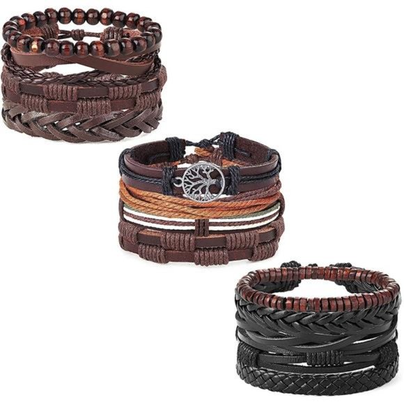 18pc Braided Leather Bracelets for Men Women Woven Cuff Wrap Bracelet Wood Beads - Picture 3 of 6